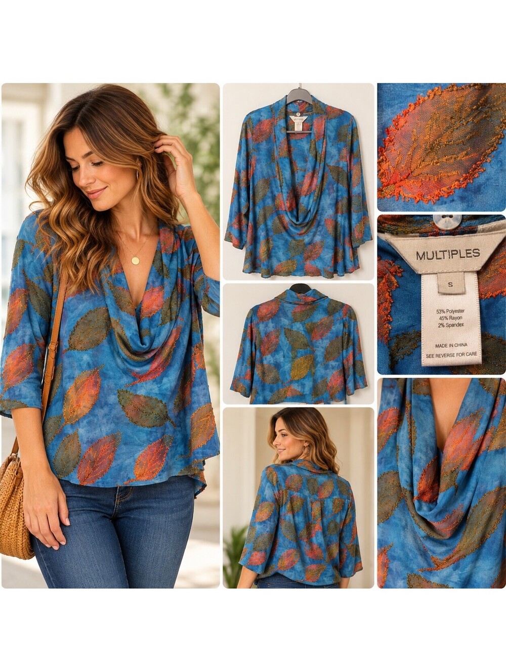 Multiples blue leaf print drape neck top size small